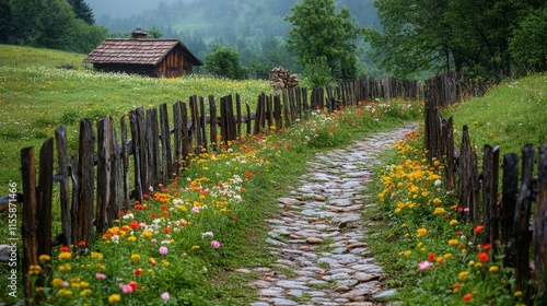 Pathway lined with flowers in a serene garden after rain