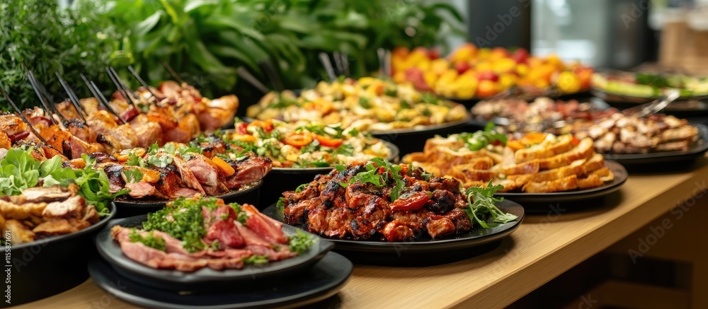 Barbecue food buffet catering setup for celebration with ample dishes and empty space for customizable text on left side Barbecue food buffet catering setup for celebration with ample dishes and empty space for customizable text on left side