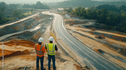 Civil engineer evaluating road construction and overseeing expressway development project photo