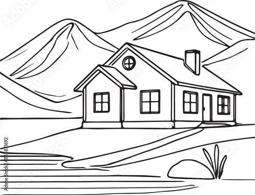 Line Drawing of House Near Lake and Mountains