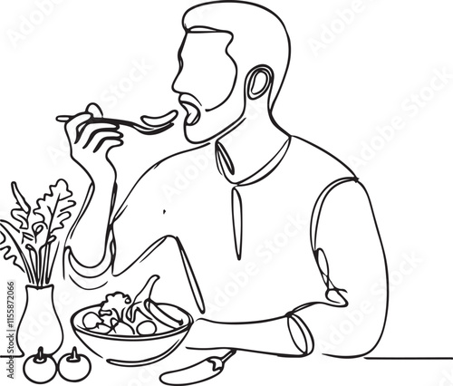 Simple Line Drawing of a Man Eating Vegetables Clean and Minimalist Art