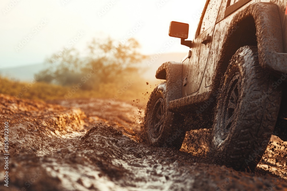 Off-Road Adventure: Rugged Vehicle Navigating a Dusty Trail Under Warm Light with Muddy Tires Off-Road Adventure: Rugged Vehicle Navigating a Dusty Trail Under Warm Light with Muddy Tires