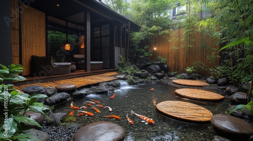 Tranquil garden oasis featuring a koi pond with waterfalls and stone pathways...