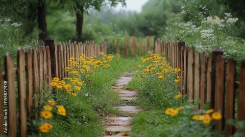 Pathway lined with flowers in a serene garden after rain