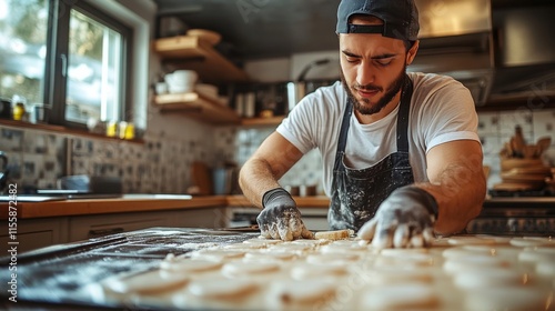 Baker preparing dough in a modern kitchen, focused on making pastries
