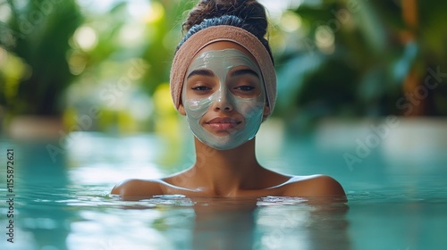 Relaxing woman with facial mask enjoying spa treatment near tranquil pool at ...