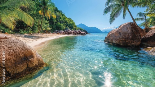 Clear turquoise water and rocky shorelines at a tropical beach under bright b...