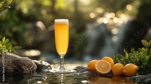 Golden beer in a serene garden during sunset with lush greenery and grapes