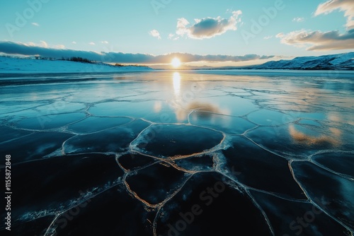 The sun sets over a thawing lake, creating a stunning reflection on the icy surface as spring approaches. This serene landscape captures the beauty of nature's transition. photo