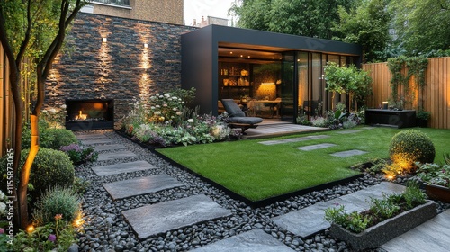 Modern architectural design of a beautifully lit house at dusk in a serene ou...