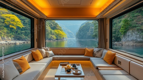 Scenic train journey along the lake with mountains in the background during a...
