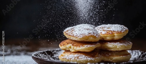 Delicious puff pancakes and fried buns dusted with powdered sugar on a dark background with space for text or promotional content. photo