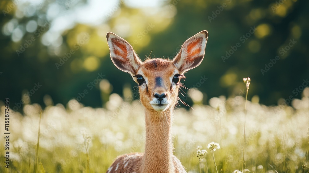 Portrait of Gazelle in Summer Meadow with Soft Focus Background and Space for Text or Design Elements Portrait of Gazelle in Summer Meadow with Soft Focus Background and Space for Text or Design Elements