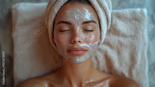 Relaxing woman with facial mask enjoying spa treatment near tranquil pool at ...