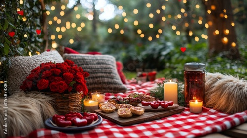 Evening picnic by the lake with candles and snacks in a serene outdoor setting
