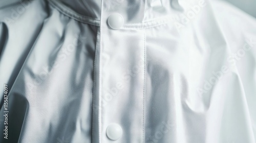 Close up of a bright white protective jacket designed for chemical safety featuring functional collar pockets and ample copy space for text photo