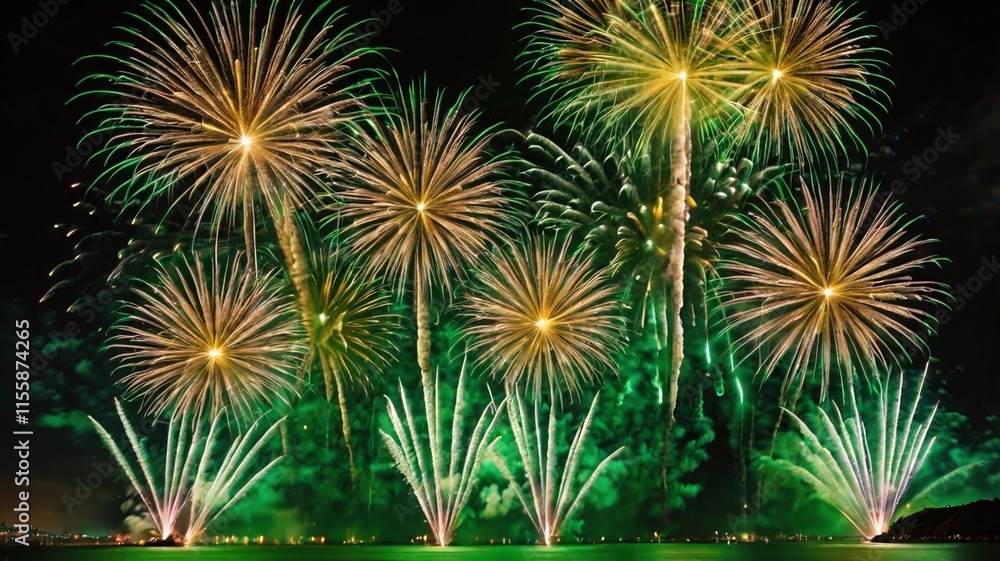 Fototapeta premium Brilliant Green and Yellow Fireworks Illuminating the Night