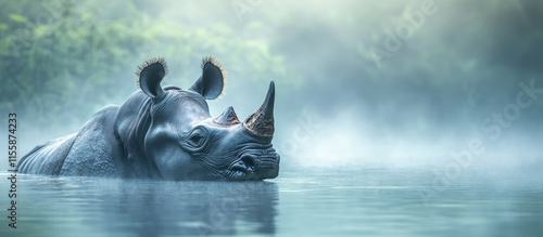 Close up of a one horned rhino in serene water mist with soft rain creating a tranquil environment perfect for nature themed designs photo