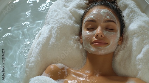 Relaxing woman with facial mask enjoying spa treatment near tranquil pool at ...