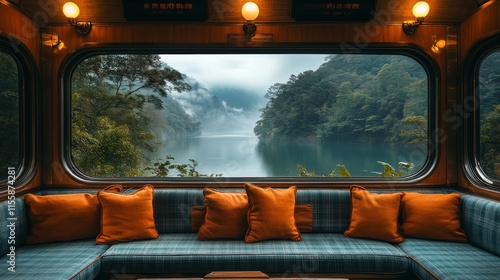 Scenic train journey along the lake with mountains in the background during a...