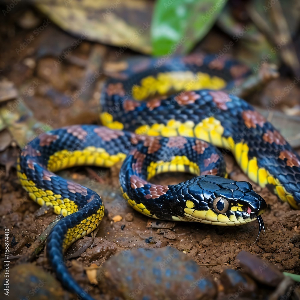Yellow blue brown patterned snake rests dirt ground its scales visible up close Yellow blue brown patterned snake rests dirt ground its scales visible up close