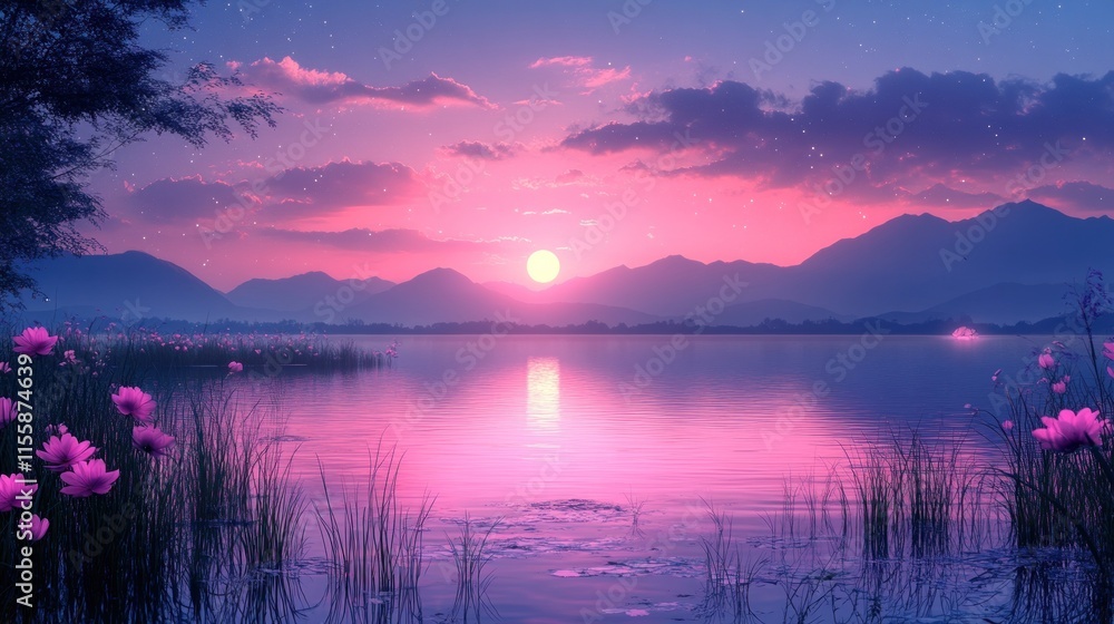 Fototapeta premium Pink sunset over calm lake and mountains.