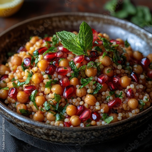 a bowl of vibrant couscous salad with roasted chickpeas, pomegranate seeds, mint, and lemon vinaigrette photo