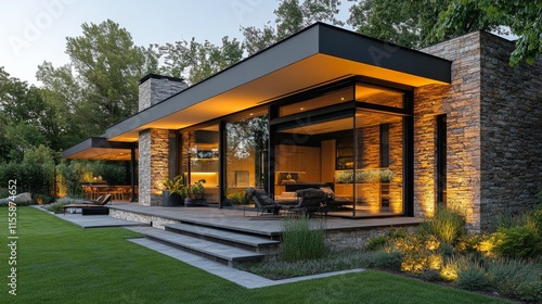 Modern architectural design of a beautifully lit house at dusk in a serene ou...