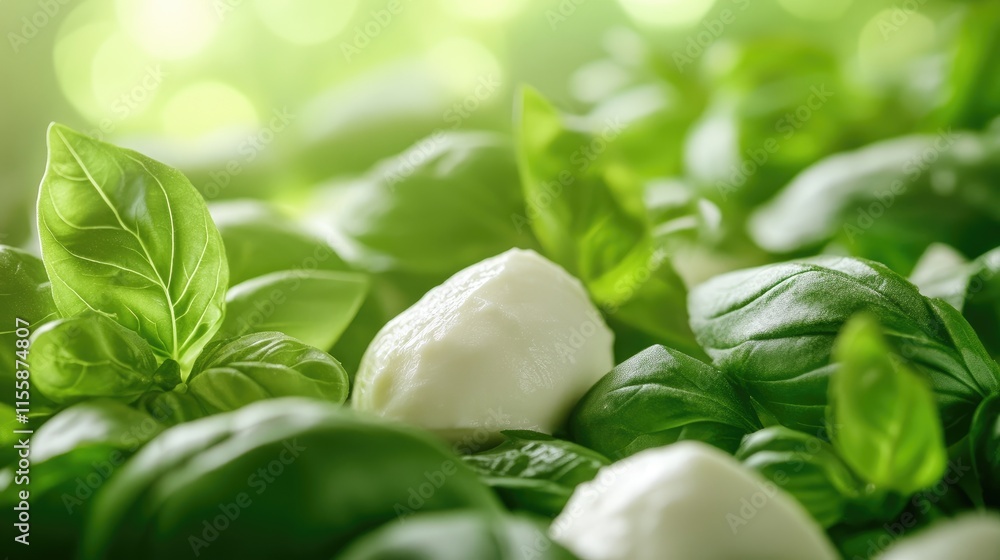 Fresh basil and mozzarella with vibrant greens for pizza background design ideal for culinary promotions or recipe templates Fresh basil and mozzarella with vibrant greens for pizza background design ideal for culinary promotions or recipe templates
