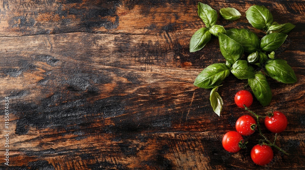 Fresh basil and cherry tomatoes on rustic wooden surface showcasing vibrant colors and textures perfect for culinary or recipe presentations Fresh basil and cherry tomatoes on rustic wooden surface showcasing vibrant colors and textures perfect for culinary or recipe presentations