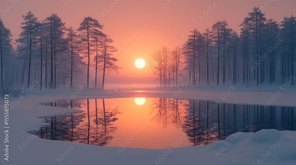 Fototapeta premium Pink sunset over frozen lake in snowy forest.