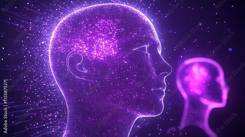 Obraz premium Futuristic Digital Human Head with Glowing Network of Particles in Vivid Purple : Generative AI