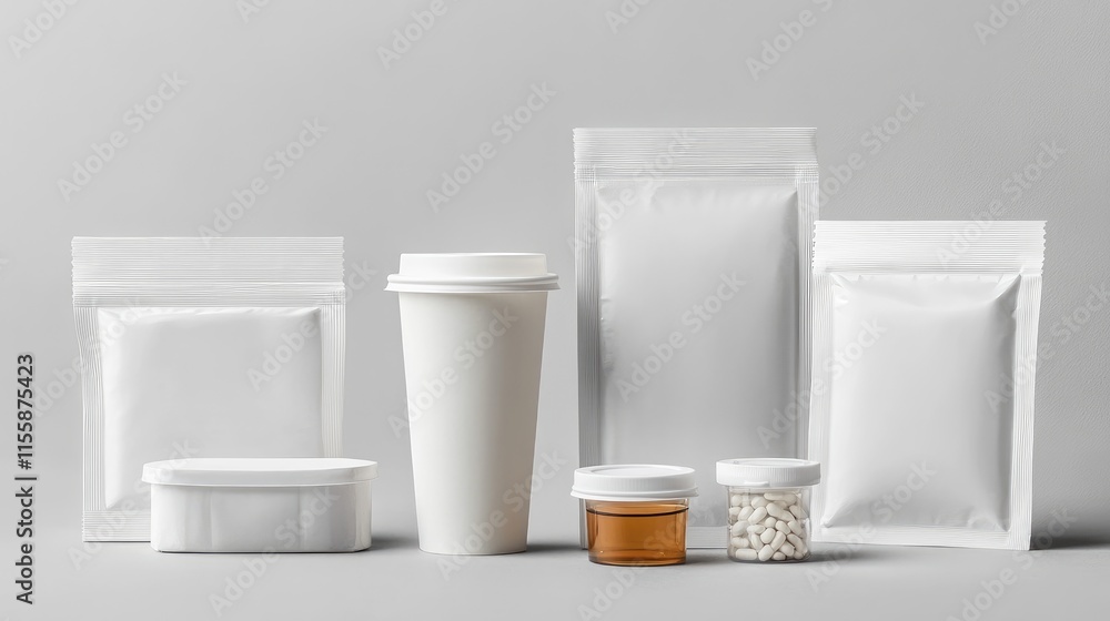Assorted Blank White Packaging for Caffeine Syrup Tablets and Medical Supplies on Gray Background Assorted Blank White Packaging for Caffeine Syrup Tablets and Medical Supplies on Gray Background