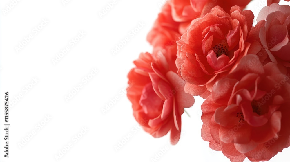 Fresh red rose flower cluster on white background with ample copy space for text or graphics in promotional materials or floral designs. Fresh red rose flower cluster on white background with ample copy space for text or graphics in promotional materials or floral designs.