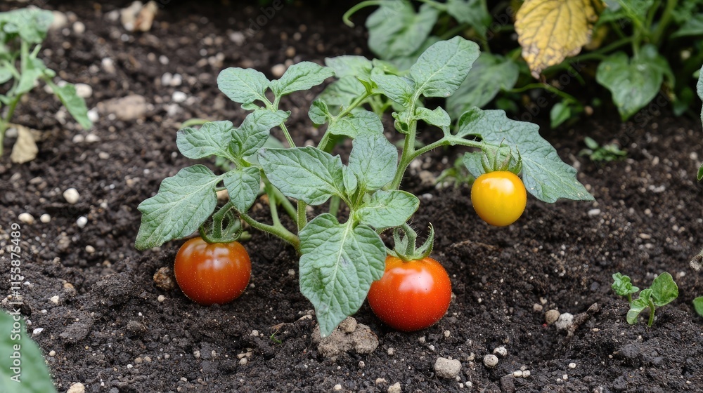 Close up of vibrant red and yellow tomatoes ripening on the vine in an organic garden with rich soil and foliage background Close up of vibrant red and yellow tomatoes ripening on the vine in an organic garden with rich soil and foliage background