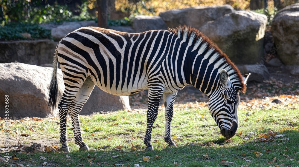 Close-up portrait of a zebra grazing in bright sunlight showcasing detailed fur in a natural setting with ample space for text. Close-up portrait of a zebra grazing in bright sunlight showcasing detailed fur in a natural setting with ample space for text.