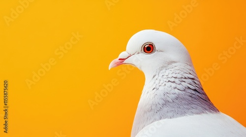 Close up portrait of a white pigeon against a vibrant orange background with space for text ideal for educational and commercial use photo