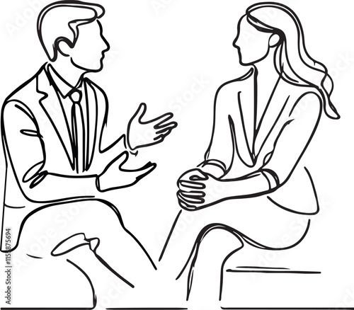 Simple Line Art of Two Individuals Engaged in Conversation on White Background