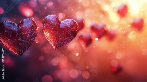 Floating hearts with sparkling droplets in a dreamy, colorful background