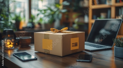 Gift box on a wooden table with laptop and smartphones in a cozy plant-filled...