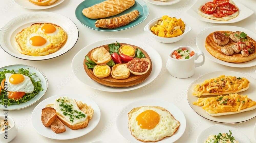 Assorted Breakfast Dishes Showcasing Diverse Egg Preparations on White Table Background Assorted Breakfast Dishes Showcasing Diverse Egg Preparations on White Table Background