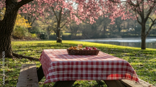 Picnic table under blooming trees by lake in springtime setting