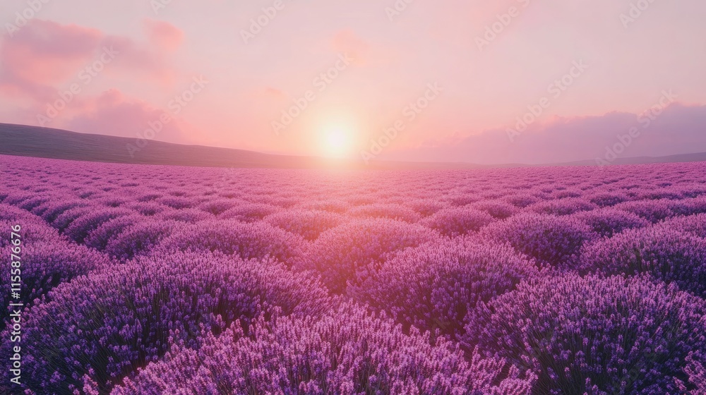 Fototapeta premium Blissful lavender field at sunset with serene ambiance and ample space for text placement in tranquil nature setting