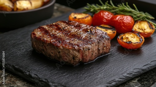 Grilled steak and vegetables prepared on a flat stone at a backyard barbecue