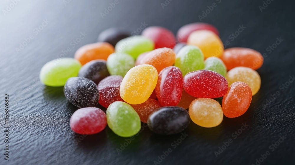 Colorful Jelly Beans Spread Across a Dark Surface Ideal for Sweet Treats and Dessert Themes Colorful Jelly Beans Spread Across a Dark Surface Ideal for Sweet Treats and Dessert Themes
