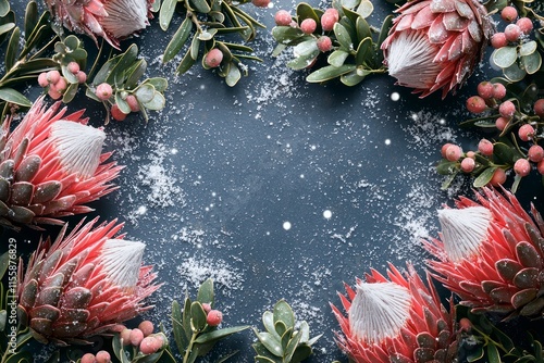 Festive Christmas Frame with Frosted Proteas and Berries Surrounded by Snowflakes Perfect for Holiday Greetings and Decorations