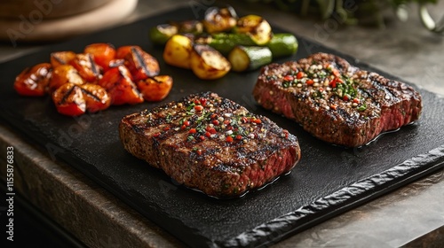 Grilled steak and vegetables prepared on a flat stone at a backyard barbecue