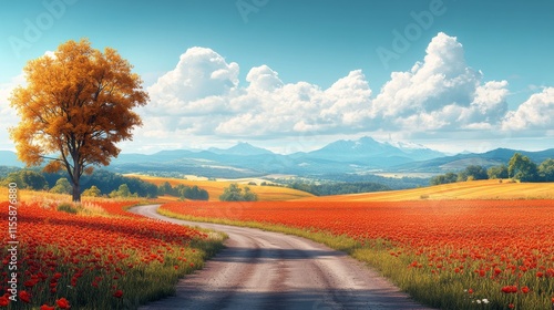 Scenic view of a winding road through vibrant wildflowers under a blue sky wi...