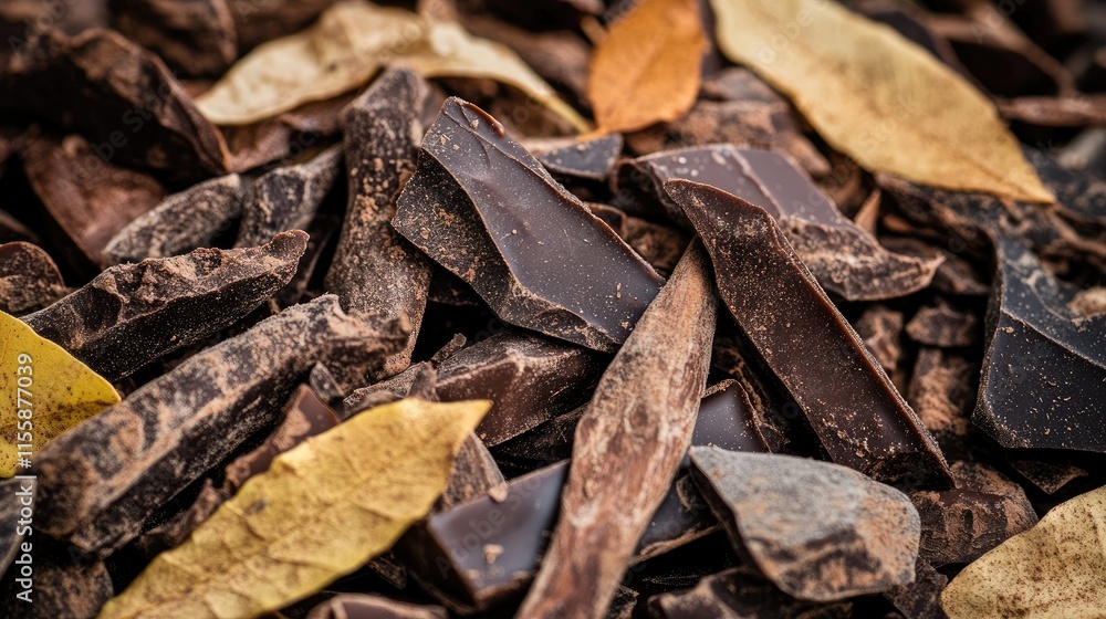 Assorted Chocolate Varieties with Natural Leaves Close Up on Rich Textures and Ingredients for Culinary and Dessert Backgrounds Assorted Chocolate Varieties with Natural Leaves Close Up on Rich Textures and Ingredients for Culinary and Dessert Backgrounds