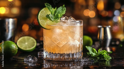 Refreshing citrus cocktail with mint and lime served on wooden bar counter